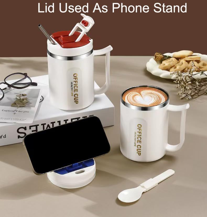 White and Brown 16oz Stainless Steel Office Mug with Phone Stand Lid, Straw and Spoon - 500ML Double Wall Insulated Coffee Cup, Wide Handle and 3 Drinking Ways - Image 3
