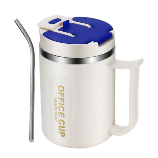 White and Blue 16oz Stainless Steel Office Mug with Phone Stand Lid, Straw and Spoon - 500ML Double Wall Insulated Coffee Cup, Wide Handle and 3 Drinking Ways - Image 1