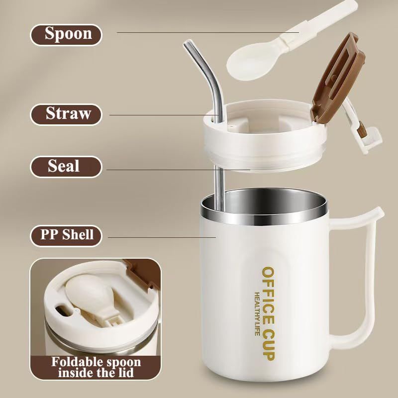 White and Blue 16oz Stainless Steel Office Mug with Phone Stand Lid, Straw and Spoon - 500ML Double Wall Insulated Coffee Cup, Wide Handle and 3 Drinking Ways - Image 2