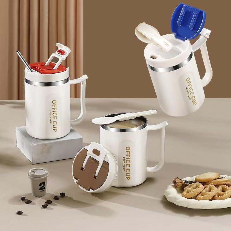 White and Blue 16oz Stainless Steel Office Mug with Phone Stand Lid, Straw and Spoon - 500ML Double Wall Insulated Coffee Cup, Wide Handle and 3 Drinking Ways - Image 6