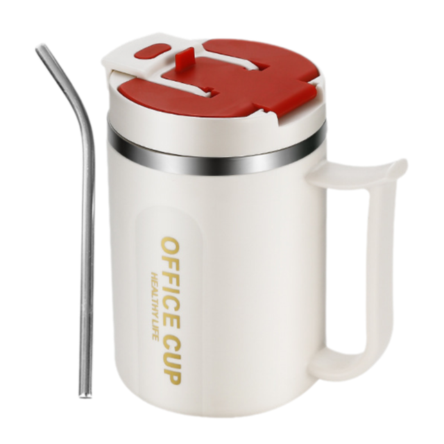 White and Red 16oz Stainless Steel Office Mug with Phone Stand Lid, Straw and Spoon - 500ML Double Wall Insulated Coffee Cup, Wide Handle and 3 Drinking Ways - Image 1