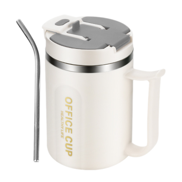 White and Grey 16oz Stainless Steel Office Mug with Phone Stand Lid, Straw and Spoon - 500ML Double Wall Insulated Coffee Cup, Wide Handle and 3 Drinking Ways - Image 1