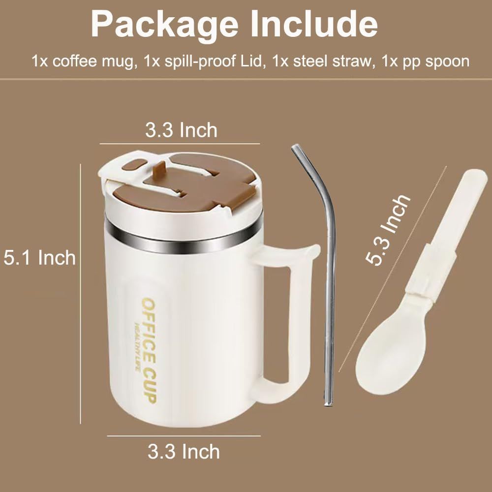 White and Grey 16oz Stainless Steel Office Mug with Phone Stand Lid, Straw and Spoon - 500ML Double Wall Insulated Coffee Cup, Wide Handle and 3 Drinking Ways - Image 5