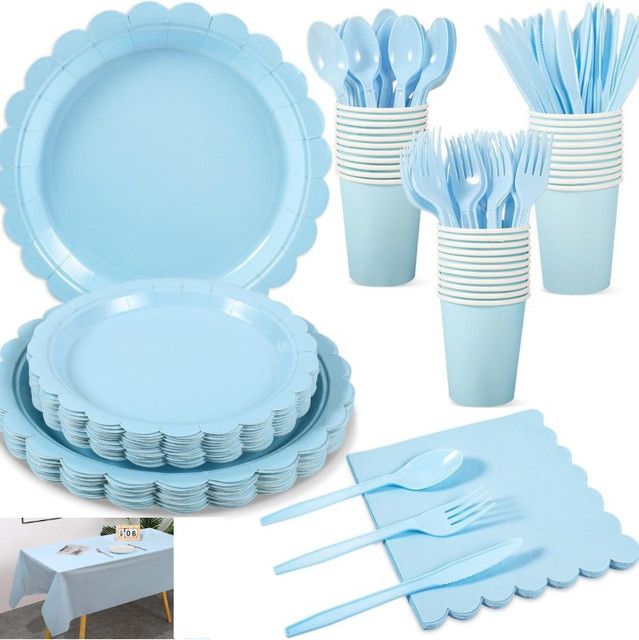 7-Piece Light Blue Scalloped Party Tableware Set for 25 Guests - Disposable Paper Plates 7 / 9 inch, 9oz Cups, Napkins, Cutlery with Matching Tablecloth for Birthday, Baby Shower, EOFY Event - Image 1