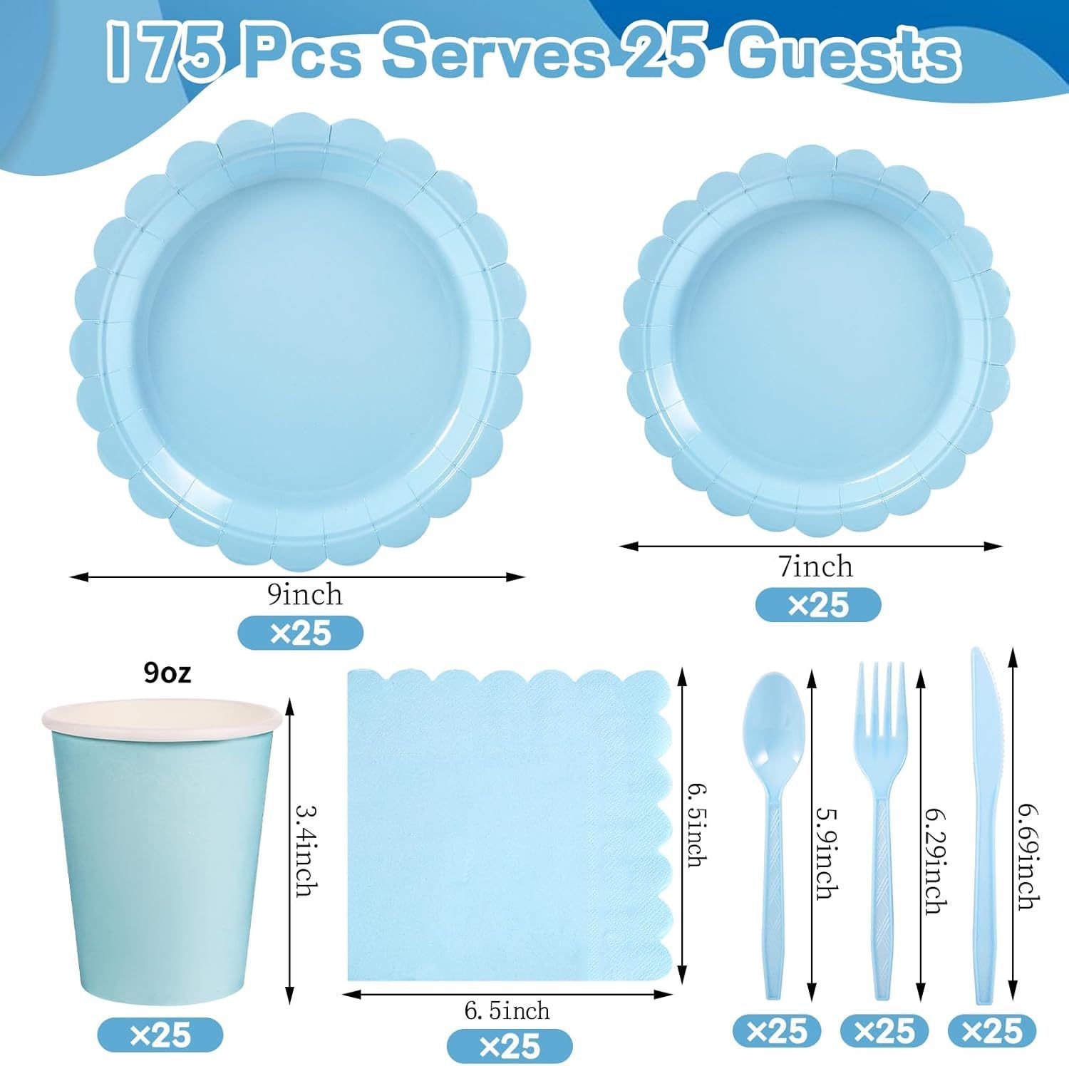 7-Piece Light Blue Scalloped Party Tableware Set for 25 Guests - Disposable Paper Plates 7 / 9 inch, 9oz Cups, Napkins, Cutlery with Matching Tablecloth for Birthday, Baby Shower, EOFY Event - Image 2