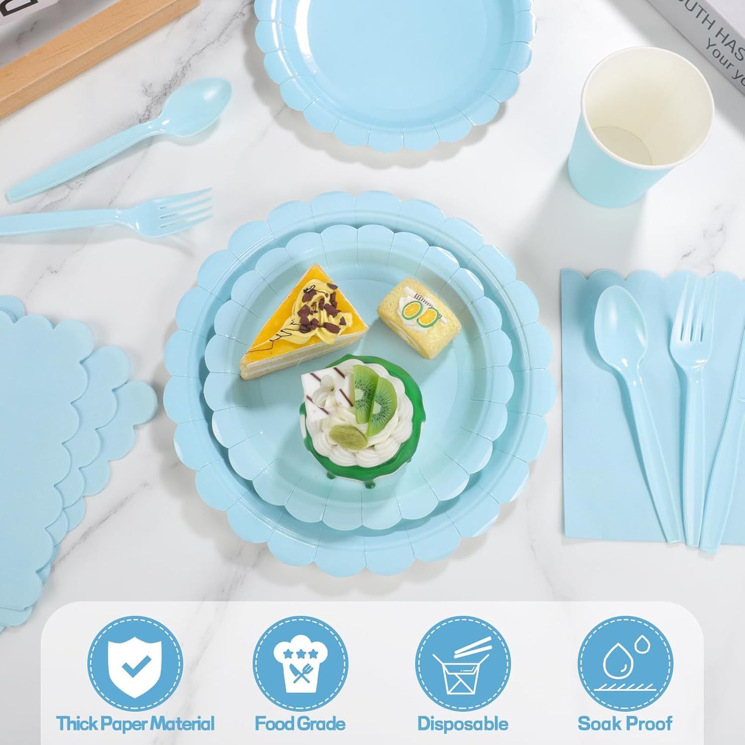 7-Piece Light Blue Scalloped Party Tableware Set for 25 Guests - Disposable Paper Plates 7 / 9 inch, 9oz Cups, Napkins, Cutlery with Matching Tablecloth for Birthday, Baby Shower, EOFY Event - Image 3