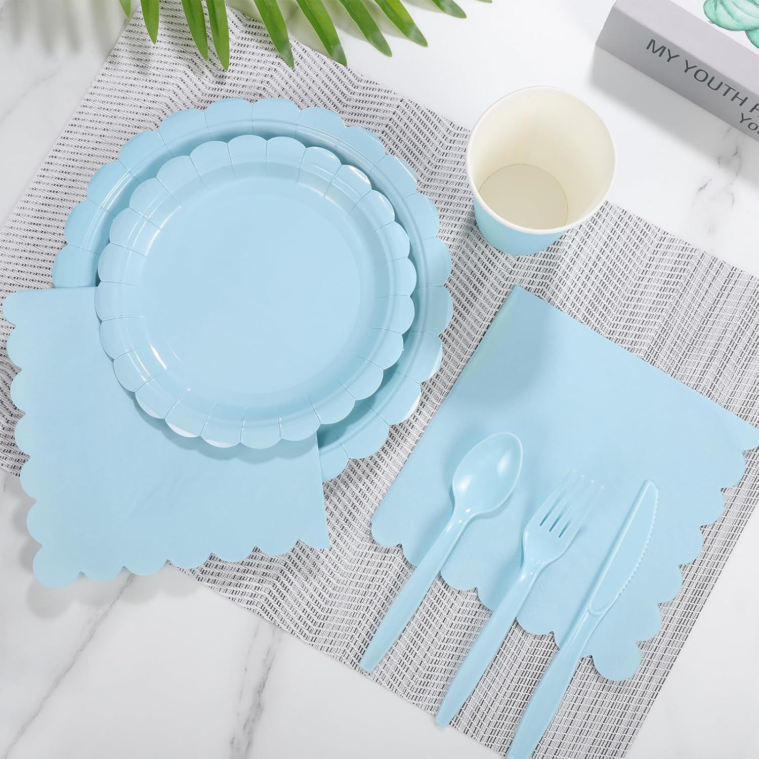 7-Piece Light Blue Scalloped Party Tableware Set for 25 Guests - Disposable Paper Plates 7 / 9 inch, 9oz Cups, Napkins, Cutlery with Matching Tablecloth for Birthday, Baby Shower, EOFY Event - Image 4