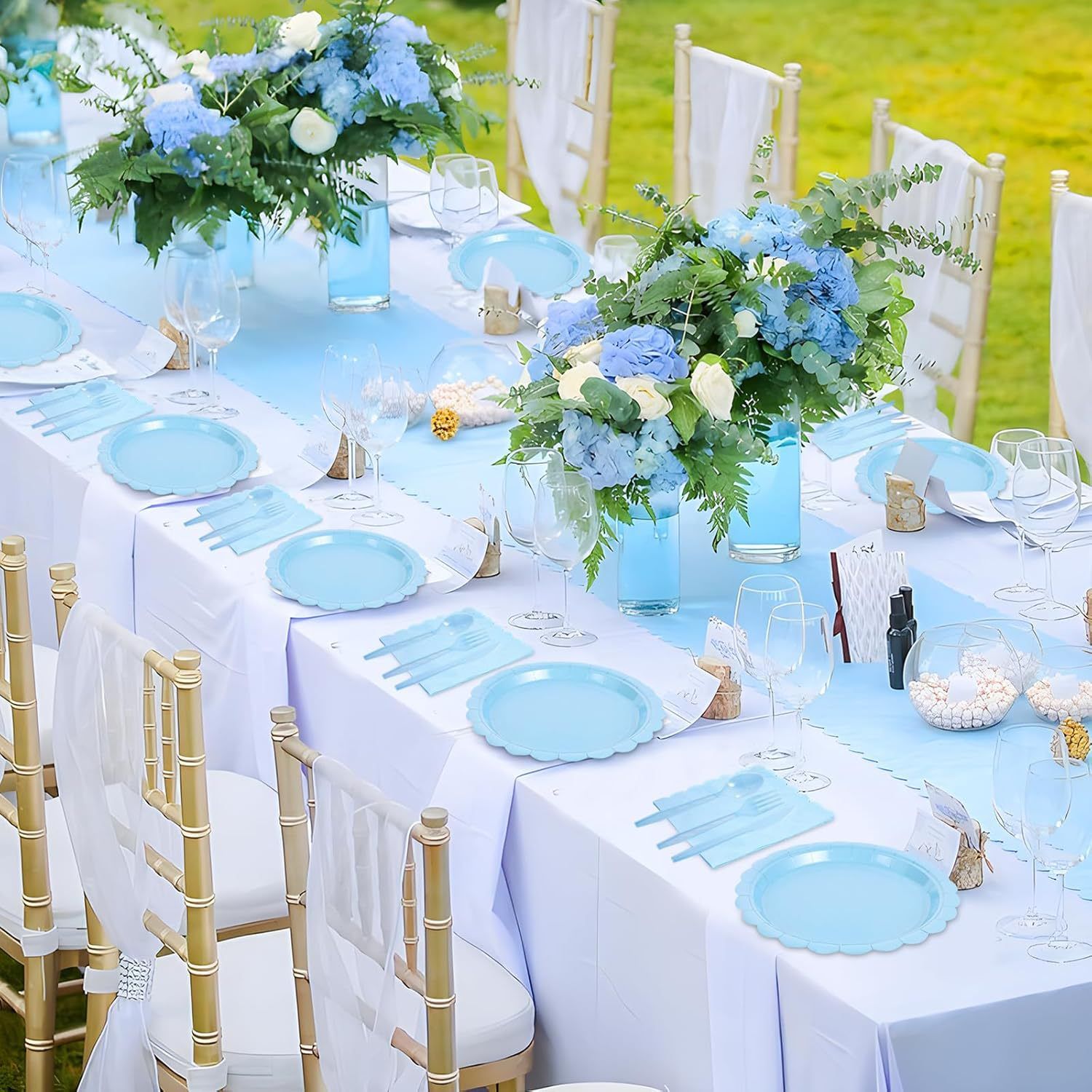 7-Piece Light Blue Scalloped Party Tableware Set for 25 Guests - Disposable Paper Plates 7 / 9 inch, 9oz Cups, Napkins, Cutlery with Matching Tablecloth for Birthday, Baby Shower, EOFY Event - Image 5