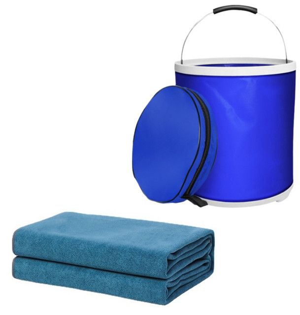 Blue Microfiber Car Cleaning Towel (60 x 160 CM) and 20L Foldable Self Standing Water Bucket (Include Zipper Bag) Combo Set - Super Absorbent and Scratch Free for Car Detailing Drying and Home Cleaning - Image 1