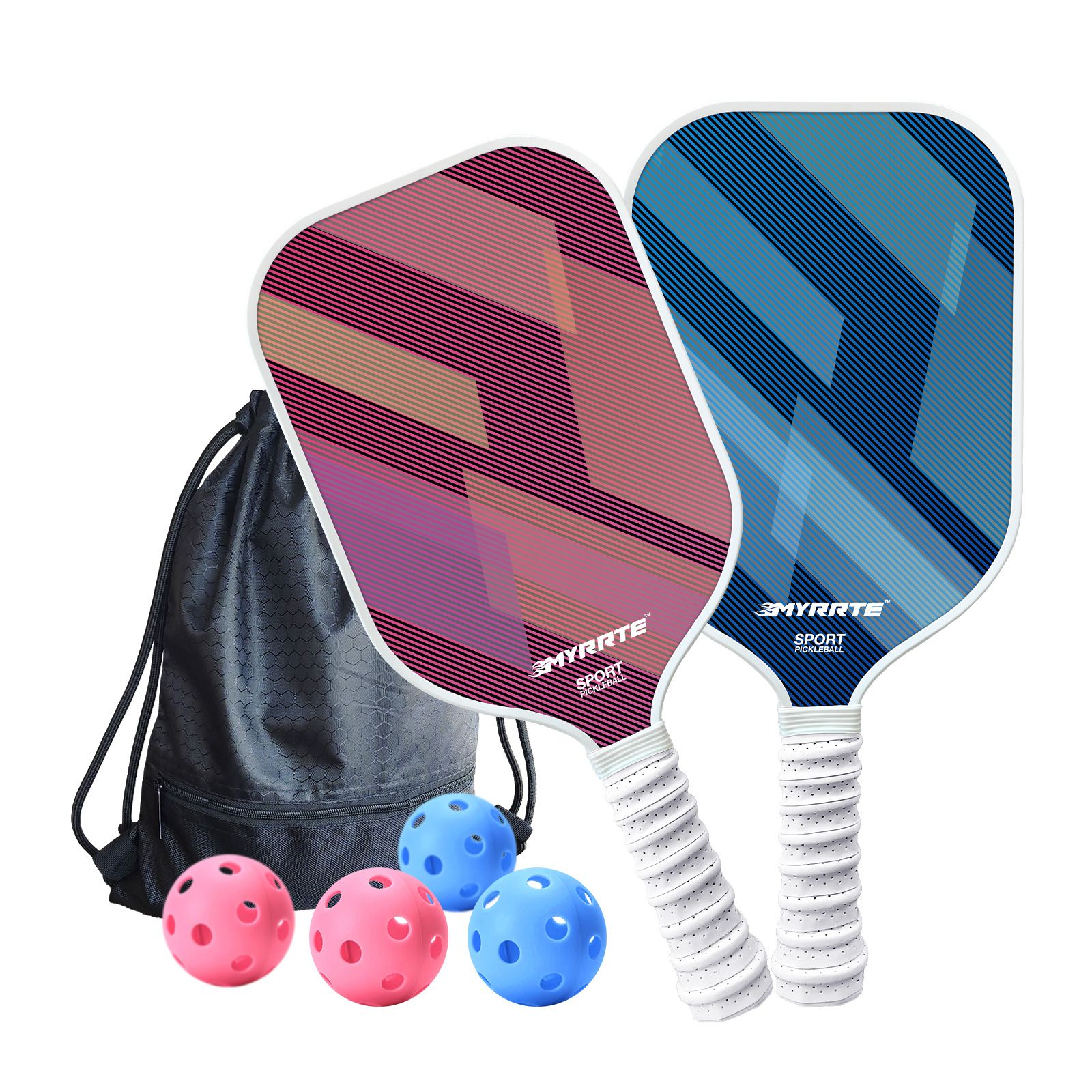 Fantasy Purple and Blue Striped Fiberglass Pickleball Paddle Set – 4 Balls & 2 Lightweight Shock-Absorbing Rackets with Versatile Carry Bag for Outdoor Play - Image 1
