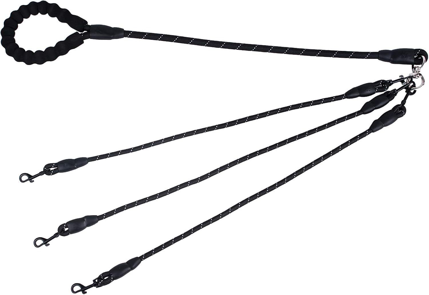 Black 3-in-1 No-Tangle Dog Leash for 1-3 Small Large Dogs – Heavy Duty 360° Swivel Bungee Coupler with Reflective Nylon Braid & Padded Handle - Image 1