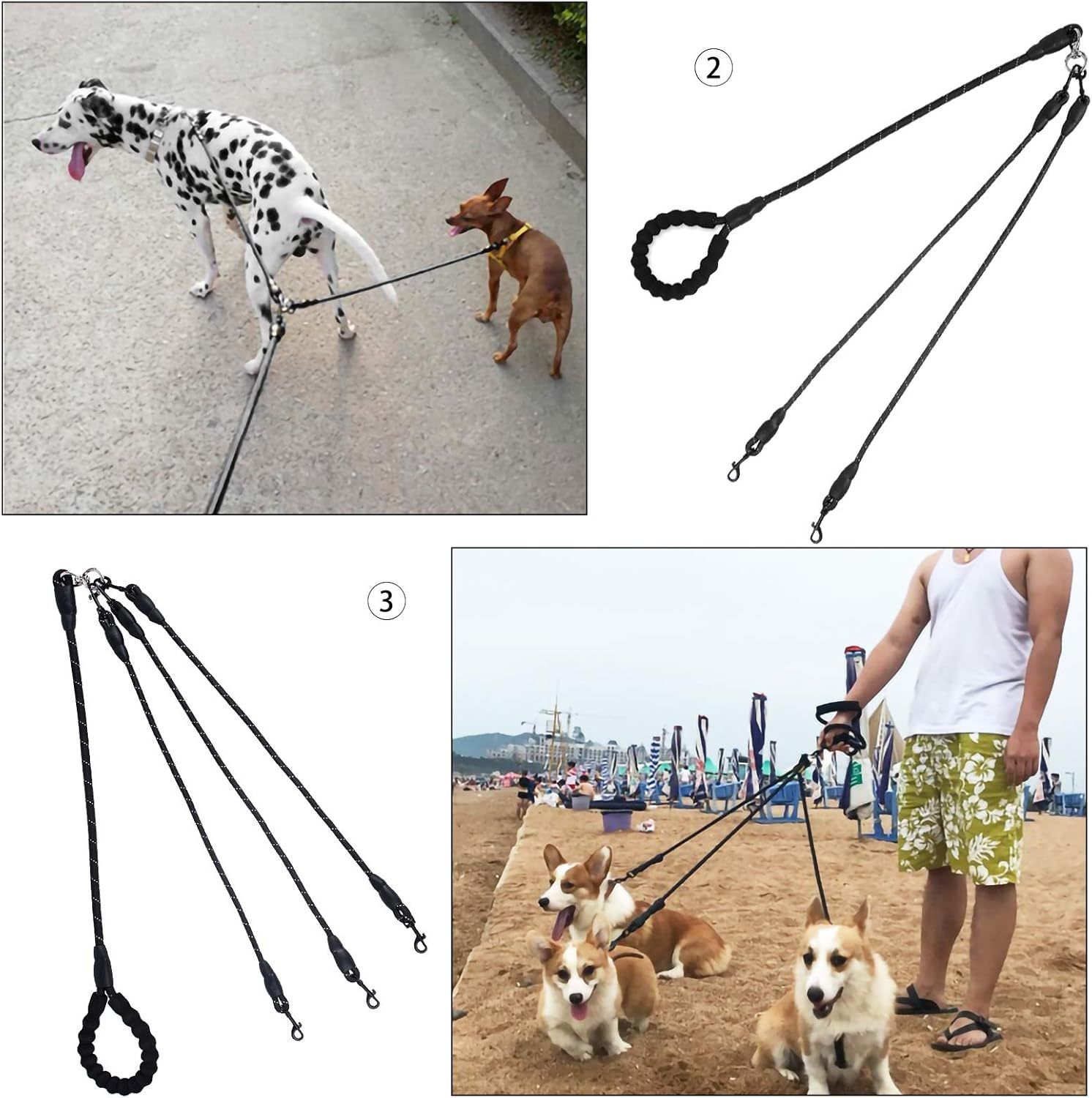 Black 3-in-1 No-Tangle Dog Leash for 1-3 Small Large Dogs – Heavy Duty 360° Swivel Bungee Coupler with Reflective Nylon Braid & Padded Handle - Image 6