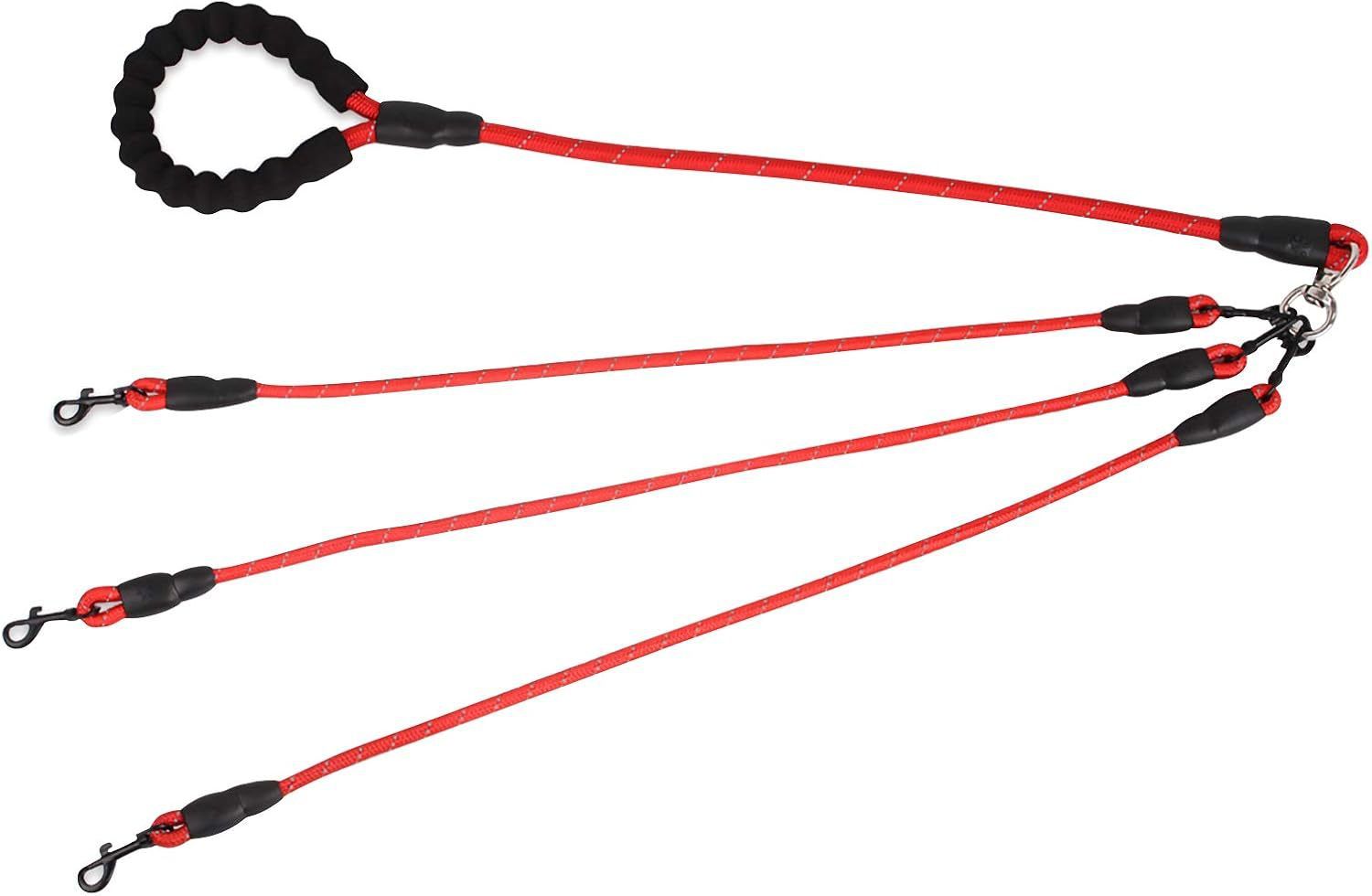 Red 3-in-1 No-Tangle Dog Leash for 1-3 Small Large Dogs – Heavy Duty 360° Swivel Bungee Coupler with Reflective Nylon Braid & Padded Handle - Image 1