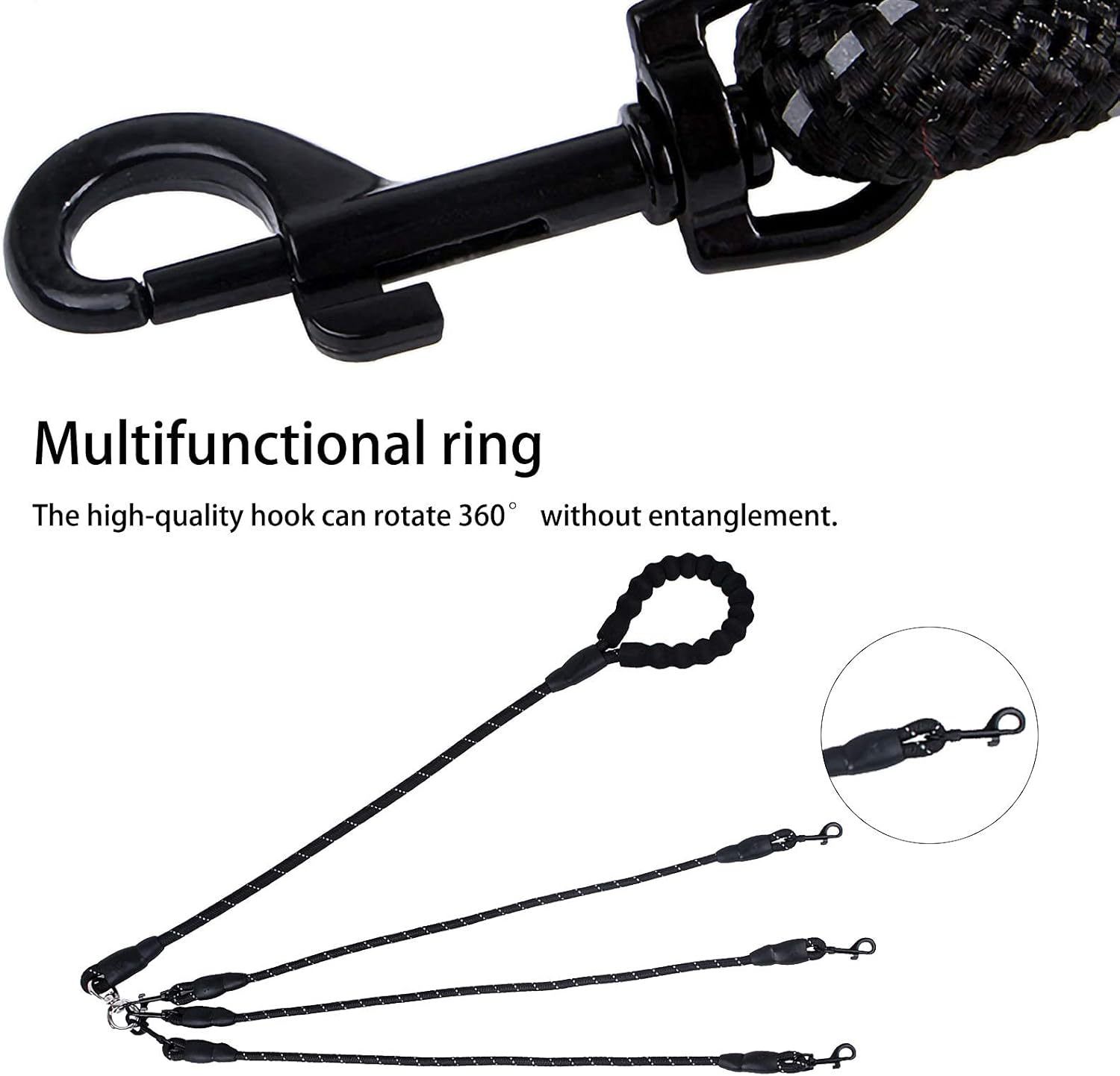 Red 3-in-1 No-Tangle Dog Leash for 1-3 Small Large Dogs – Heavy Duty 360° Swivel Bungee Coupler with Reflective Nylon Braid & Padded Handle - Image 4