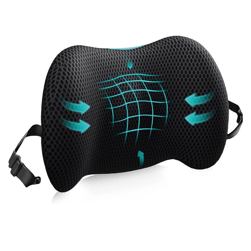 Black Ergonomic Memory Foam Lumbar Support Pillow and Back Cushion - Big Ear Contoured Design, Breathable Cover & Adjustable Strap for Office Car Seats, 17.9 x 10.23 x 4.33