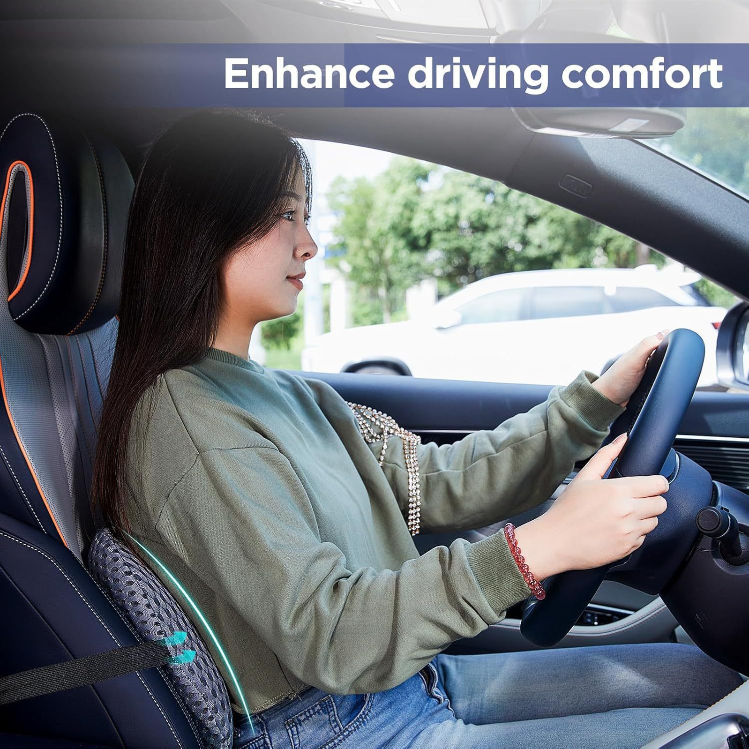 Black Ergonomic Memory Foam Lumbar Support Pillow and Back Cushion - Big Ear Contoured Design, Breathable Cover & Adjustable Strap for Office Car Seats, 17.9 x 10.23 x 4.33