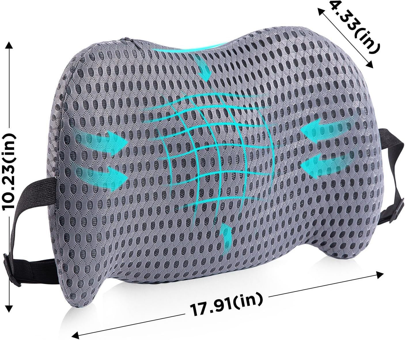 Black Ergonomic Memory Foam Lumbar Support Pillow and Back Cushion - Big Ear Contoured Design, Breathable Cover & Adjustable Strap for Office Car Seats, 17.9 x 10.23 x 4.33