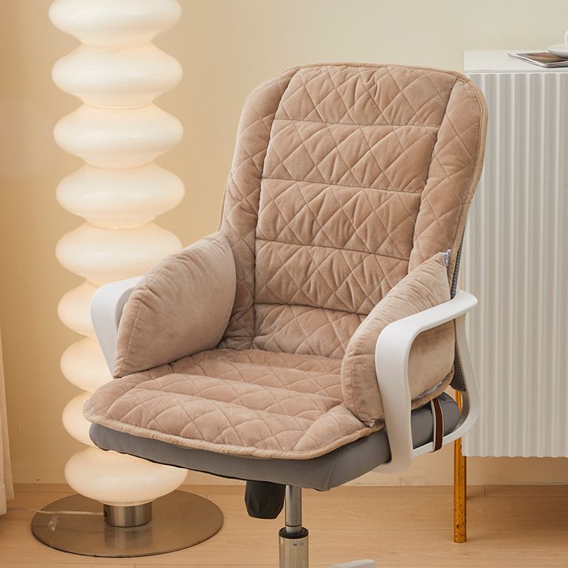 Khaki Premium Quilted Plush Integrated Seat Cushion & Backrest – Thickened Lumbar Support Pad with Detachable Armrests, Secure Buckle and Washable Cover for Office Chair Long Sitting - Image 1