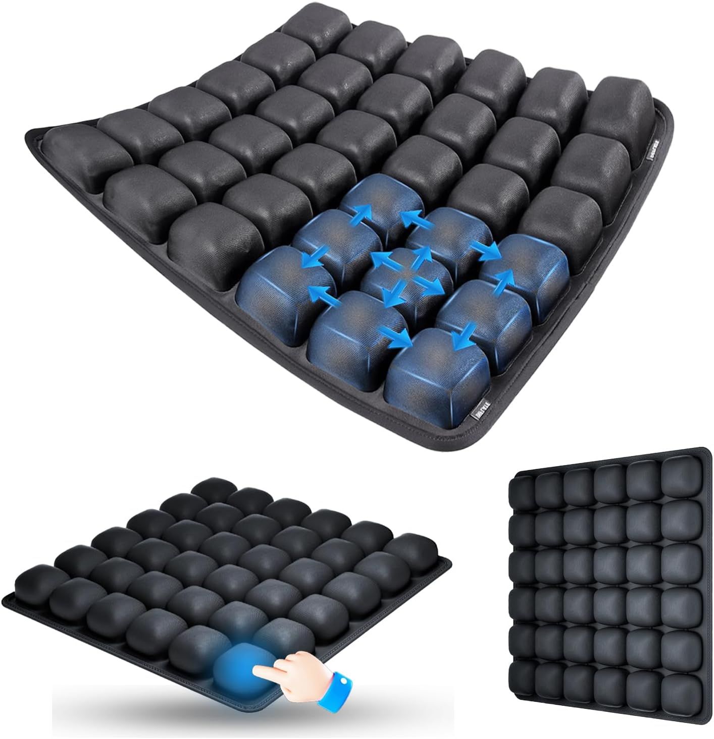 Black Portable 3D Aircell Travel Inflatable Seat Cushion with Built-in Pump – 36 Airbags Ergonomic Pressure Relief Pad with Lycra Cover & Non-Slip Base for Office Car Flight Long Sitting - Image 1