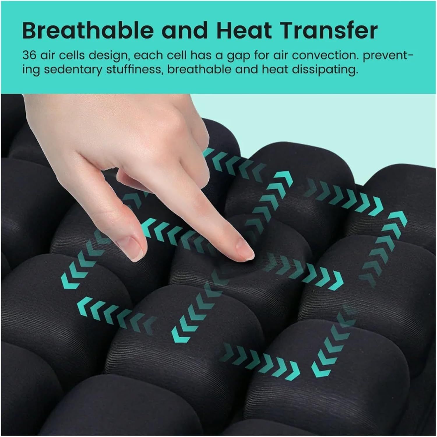 Black Portable 3D Aircell Travel Inflatable Seat Cushion with Built-in Pump – 36 Airbags Ergonomic Pressure Relief Pad with Lycra Cover & Non-Slip Base for Office Car Flight Long Sitting - Image 5
