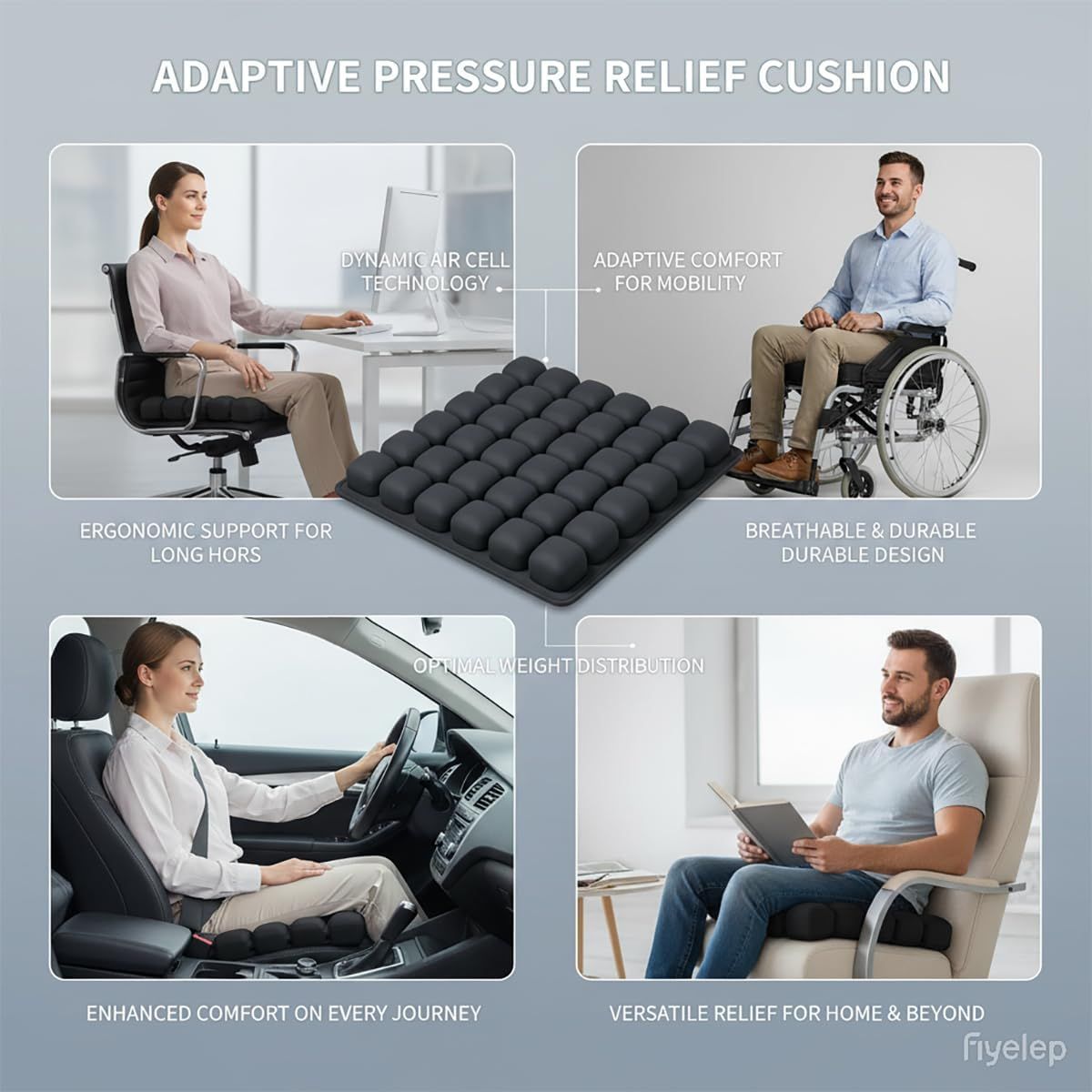 Black Portable 3D Aircell Travel Inflatable Seat Cushion with Built-in Pump – 36 Airbags Ergonomic Pressure Relief Pad with Lycra Cover & Non-Slip Base for Office Car Flight Long Sitting - Image 7