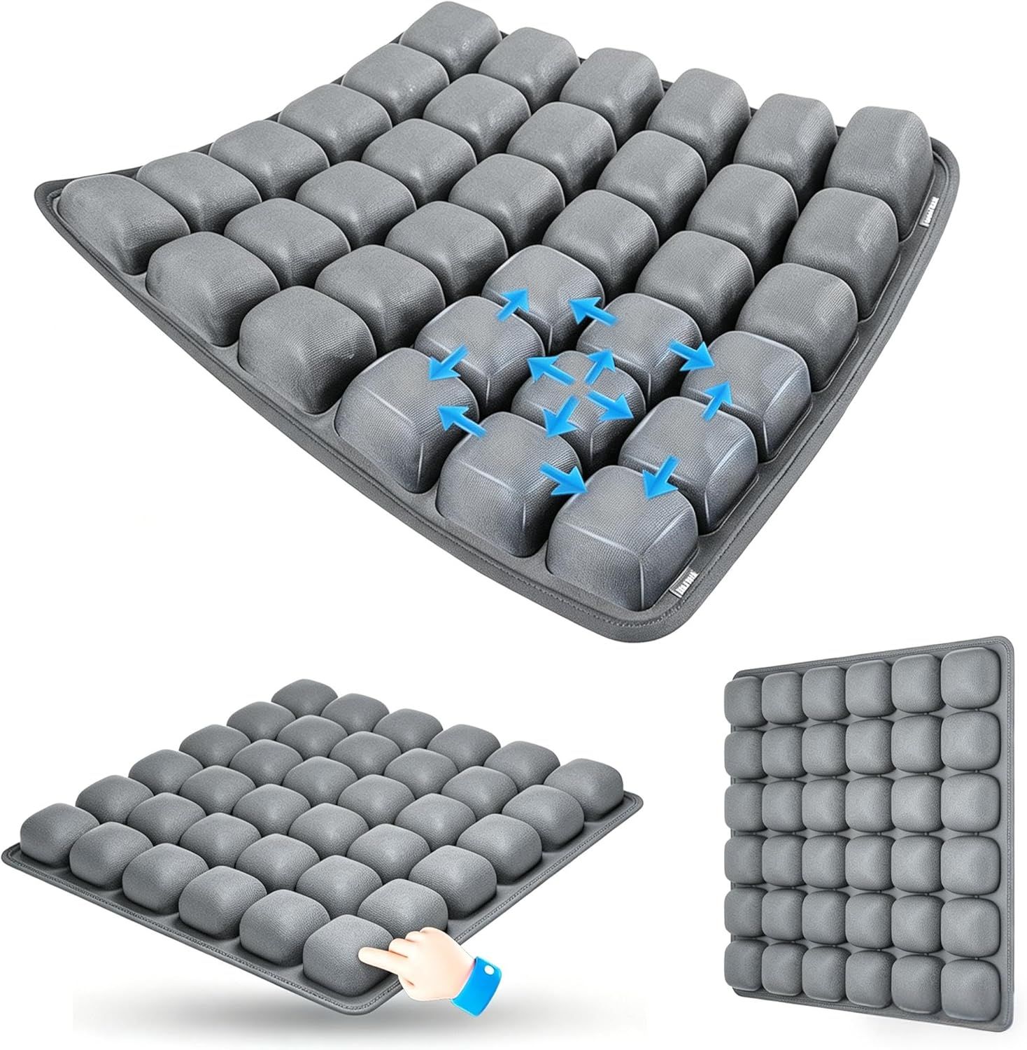 Dark Grey Portable 3D Aircell Travel Inflatable Seat Cushion with Built-in Pump – 36 Airbags Ergonomic Pressure Relief Pad with Lycra Cover & Non-Slip Base for Office Car Flight Long Sitting - Image 1