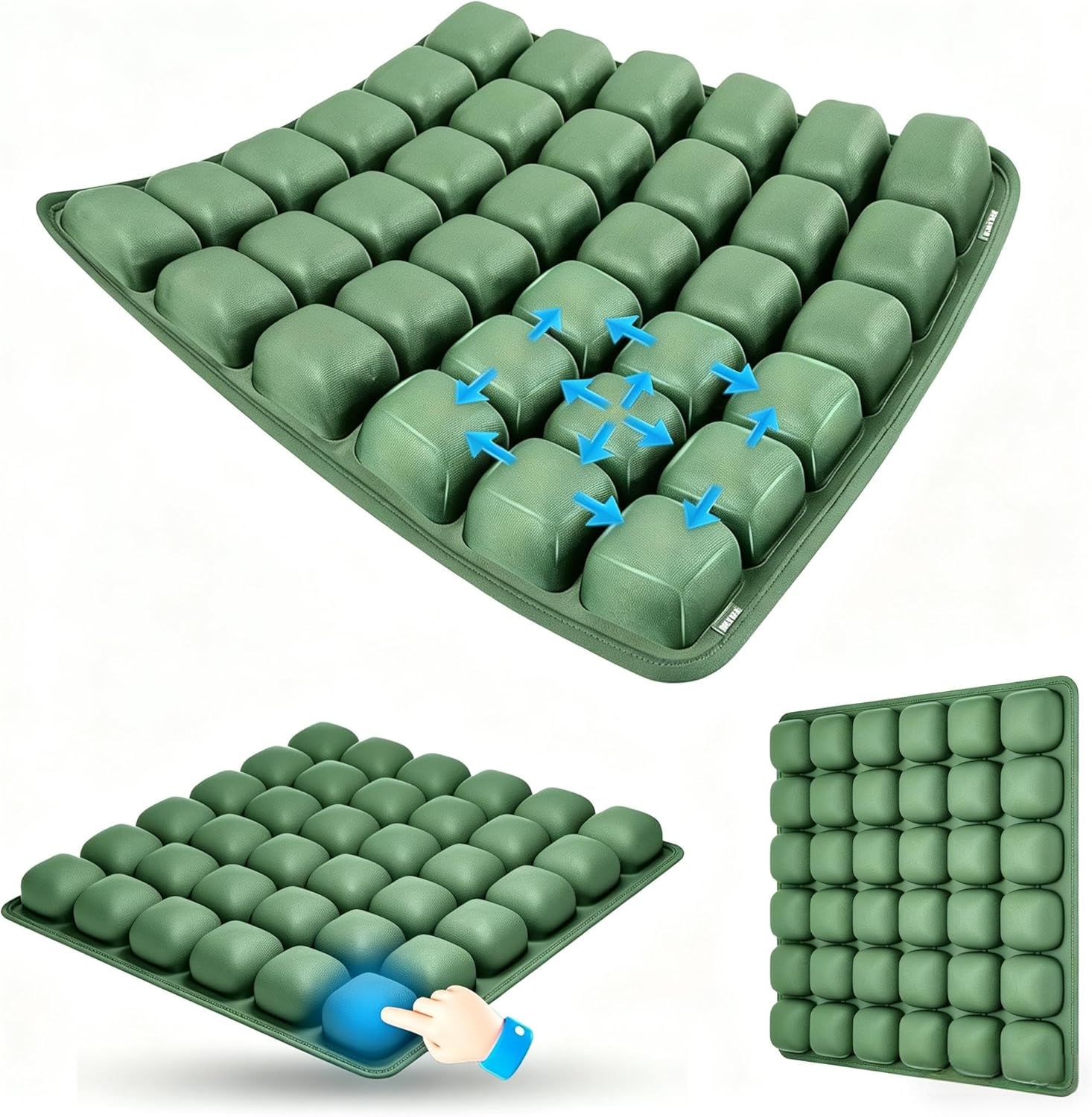 Dark Green Portable 3D Aircell Travel Inflatable Seat Cushion with Built-in Pump – 36 Airbags Ergonomic Pressure Relief Pad with Lycra Cover & Non-Slip Base for Office Car Flight Long Sitting - Image 2