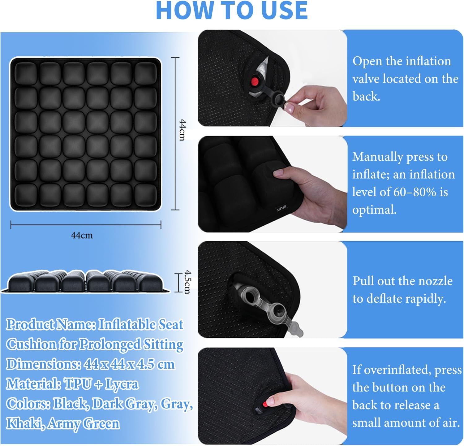 Bohemian Style Portable 3D Aircell Travel Inflatable Seat Cushion with Built-in Pump – 36 Airbags Ergonomic Pressure Relief Pad with Lycra Cover & Non-Slip Base for Office Car Flight Long Sitting - Image 6