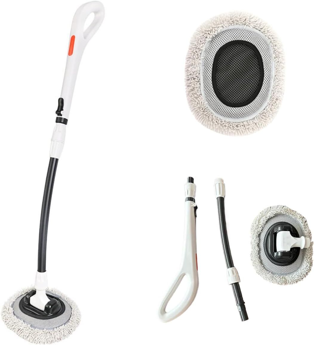 Professional Telescopic(55-120cm) Car Microfiber Wash Mop with 2 Brush Cover - 90° Rotating Detachable Brush Head, 15° Ergonomic Curved Rod & Handle - Durable Aluminum Alloy Chenille Brush for Car, Home and Window Cleaning - Image 1