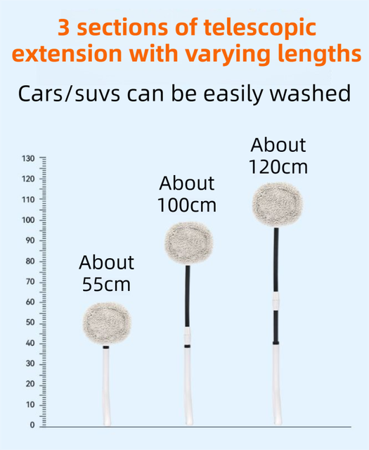 Professional Telescopic(55-120cm) Car Microfiber Wash Mop with 2 Brush Cover - 90° Rotating Detachable Brush Head, 15° Ergonomic Curved Rod & Handle - Durable Aluminum Alloy Chenille Brush for Car, Home and Window Cleaning - Image 3