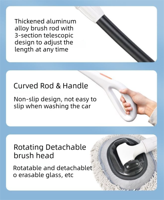 Professional Telescopic(55-120cm) Car Microfiber Wash Mop with 2 Brush Cover - 90° Rotating Detachable Brush Head, 15° Ergonomic Curved Rod & Handle - Durable Aluminum Alloy Chenille Brush for Car, Home and Window Cleaning - Image 7