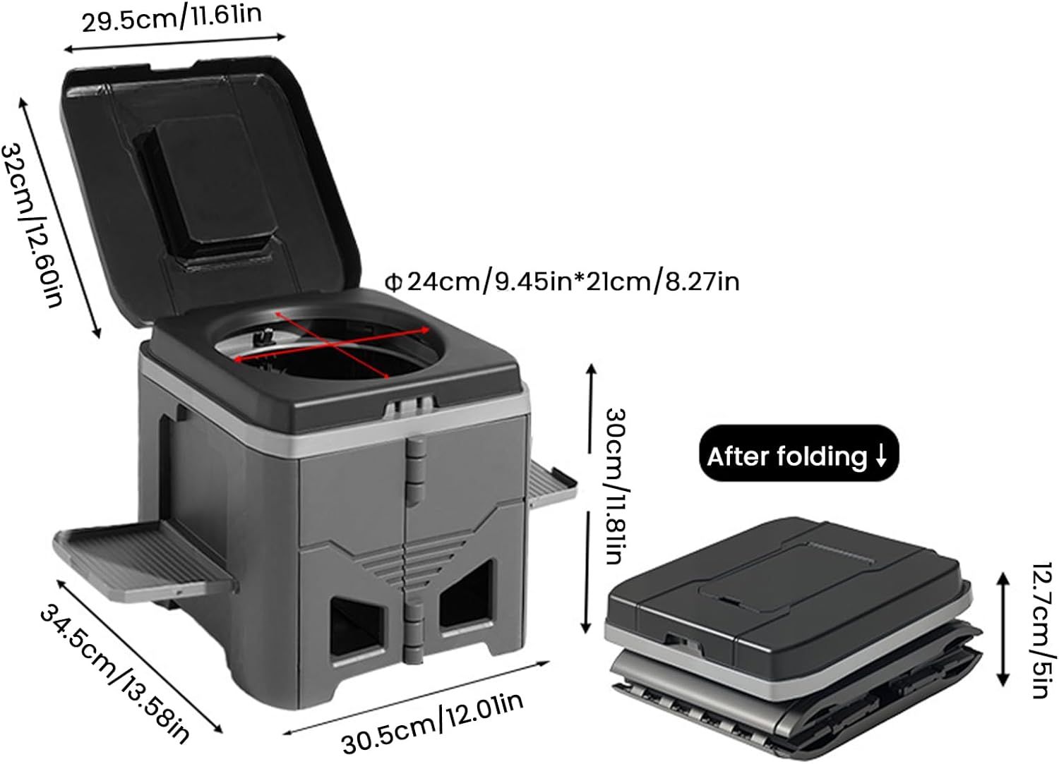 Portable Travel Toilet with Integrated Dual Storage Wings & Odor-Proof Lid – Ergonomic Reusable Foldable Commode with 12.7cm Folding Height for Car Travel & Outdoor Use (Black Grey) - Image 2