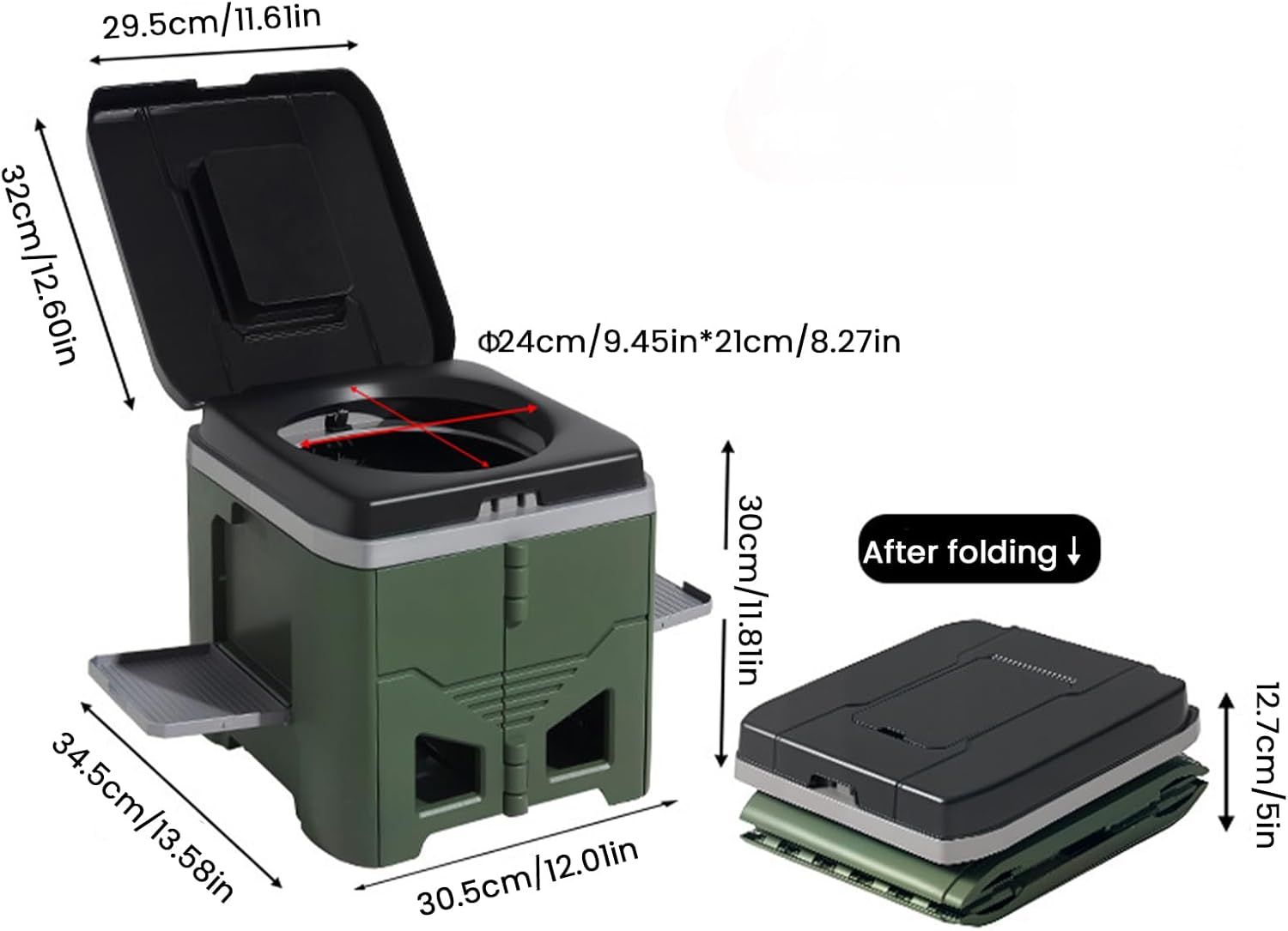 Portable Travel Toilet with Integrated Dual Storage Wings & Odor-Proof Lid – Ergonomic Reusable Foldable Commode with 12.7cm Folding Height for Car Travel & Outdoor Use (Black Green) - Image 2