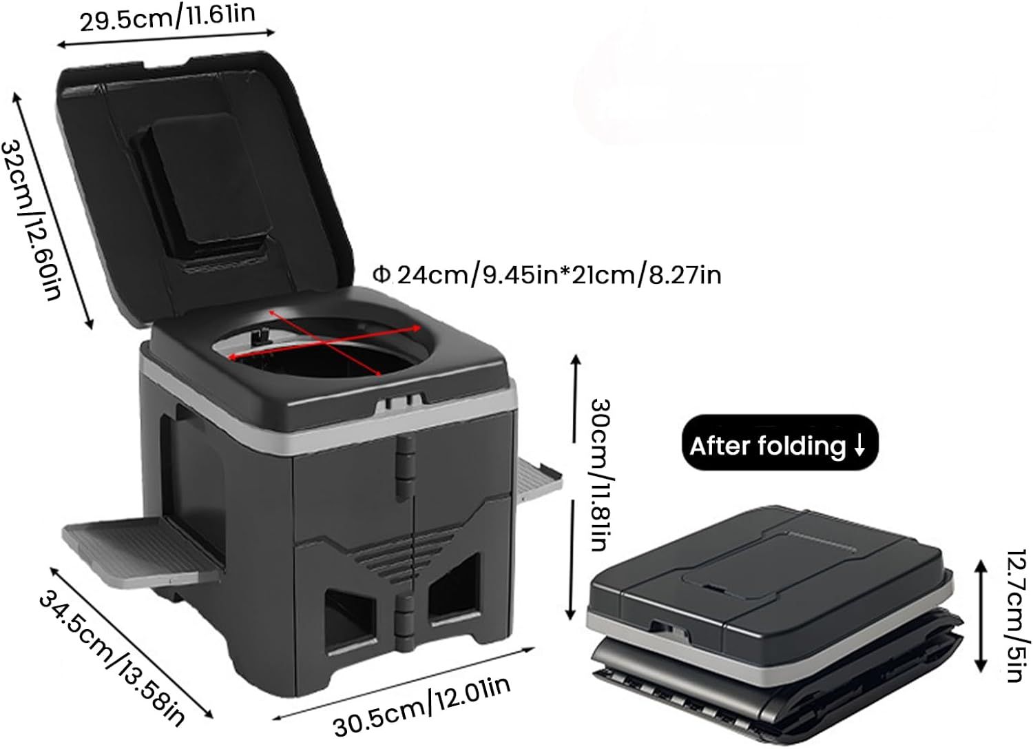 Portable Travel Toilet with Integrated Dual Storage Wings & Odor-Proof Lid – Ergonomic Reusable Foldable Commode with 12.7cm Folding Height for Car Travel & Outdoor Use (Black) - Image 2