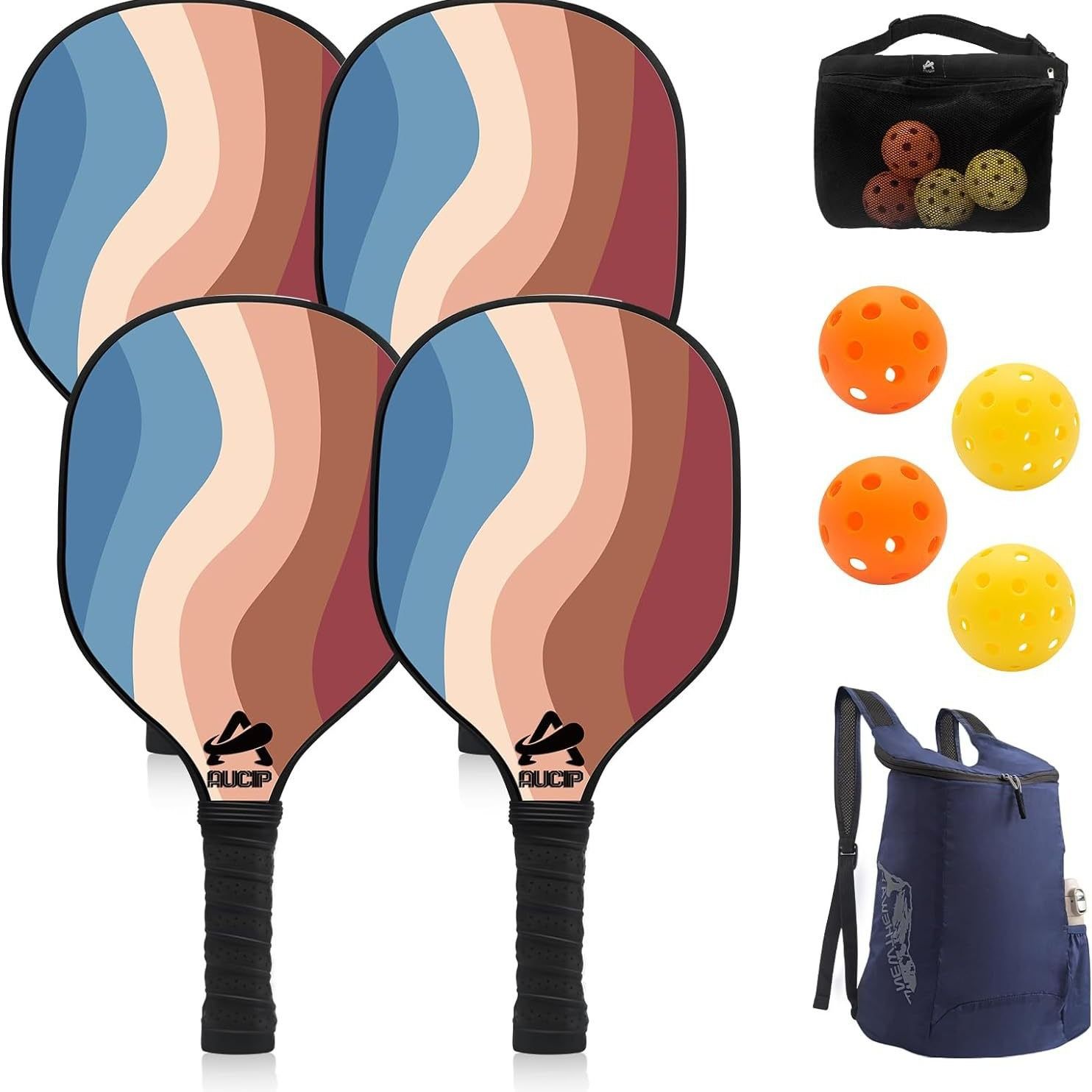 Lightweight 9-Ply Hard Basswood Pickleball Paddle Set with Curved Stripes Design - 4 Durable Paddles + 4 Balls + Ball Mesh Bag + Carrying Backpack for Indoor & Outdoor Play - Professional Size Construction, Breathable Non-Slip Grip - Image 1