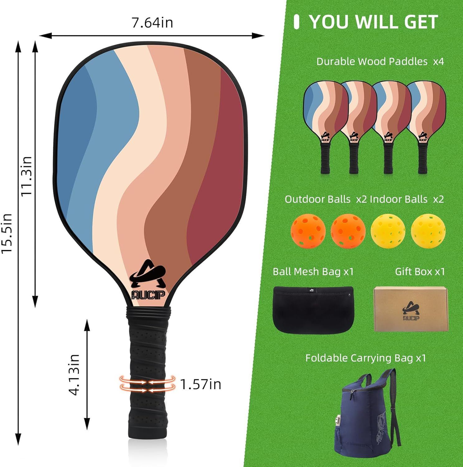 Lightweight 9-Ply Hard Basswood Pickleball Paddle Set with Curved Stripes Design - 4 Durable Paddles + 4 Balls + Ball Mesh Bag + Carrying Backpack for Indoor & Outdoor Play - Professional Size Construction, Breathable Non-Slip Grip - Image 2
