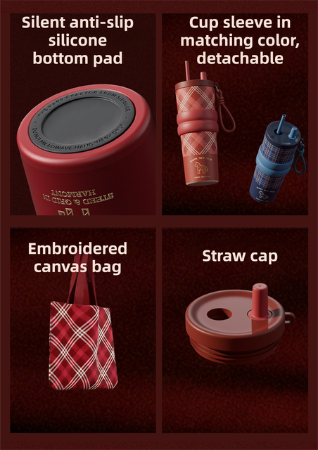 Black British Equestrian Plaid 710ML Insulated Travel Mug with Dual-Drink Lid, Straw & Straw Cap - Ceramic Liner Car Coffee Tumbler with Tea Water Separator Ball and Matching Protective Sleeve (Delux Gift Box) - Image 5