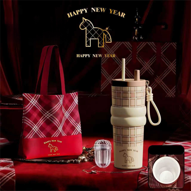Beige British Equestrian Plaid 710ML Insulated Travel Mug with Dual-Drink Lid, Straw & Straw Cap - Ceramic Liner Car Coffee Tumbler with Tea Water Separator Ball and Matching Protective Sleeve (Delux Gift Box) - Image 1