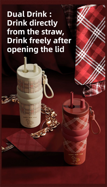 Beige British Equestrian Plaid 710ML Insulated Travel Mug with Dual-Drink Lid, Straw & Straw Cap - Ceramic Liner Car Coffee Tumbler with Tea Water Separator Ball and Matching Protective Sleeve (Delux Gift Box) - Image 4