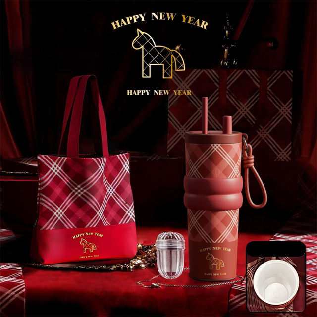 Red British Equestrian Plaid 710ML Insulated Travel Mug with Dual-Drink Lid, Straw & Straw Cap - Ceramic Liner Car Coffee Tumbler with Tea Water Separator Ball and Matching Protective Sleeve (Delux Gift Box) - Image 1