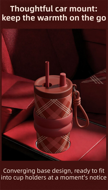 Red British Equestrian Plaid 710ML Insulated Travel Mug with Dual-Drink Lid, Straw & Straw Cap - Ceramic Liner Car Coffee Tumbler with Tea Water Separator Ball and Matching Protective Sleeve (Delux Gift Box) - Image 8