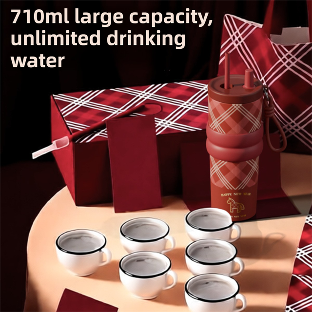 Black British Equestrian Plaid 710ML Insulated Travel Mug with Dual-Drink Lid, Straw & Straw Cap - 316 Stainless Steel Car Coffee Tumbler with Tea Water Separator Ball and Matching Protective Sleeve (Delux Gift Box) - Image 2