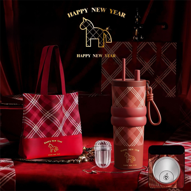 Red British Equestrian Plaid 710ML Insulated Travel Mug with Dual-Drink Lid, Straw & Straw Cap - 316 Stainless Steel Car Coffee Tumbler with Tea Water Separator Ball and Matching Protective Sleeve (Delux Gift Box) - Image 1