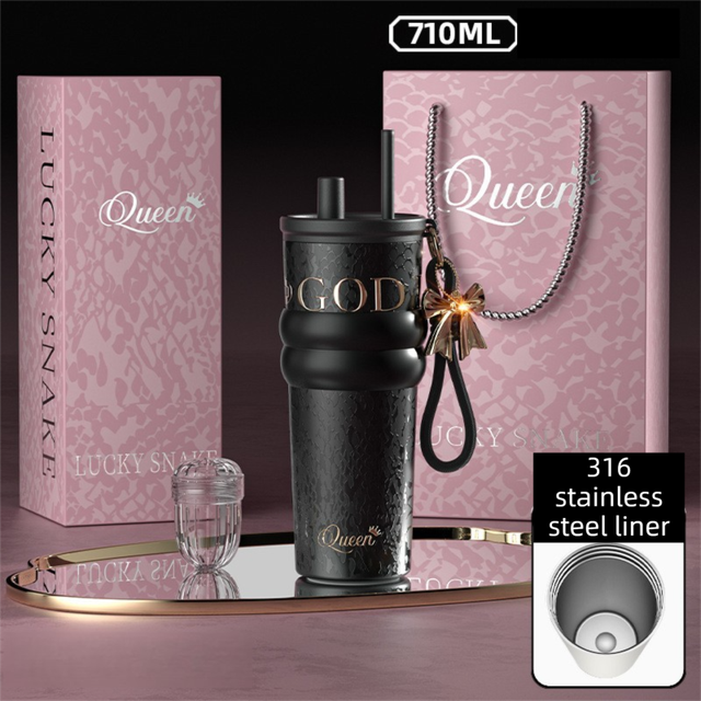 710ML Black Luxury Gradient Textured Aurora Starry Night Insulated Travel Mug (Bow Pendant Gift Box) – 316 Stainless Steel Car Coffee Tumbler with Pop-Up Straw Dual Lid, Sinking Tea Infuser Ball and Cup Sleeve - Image 1