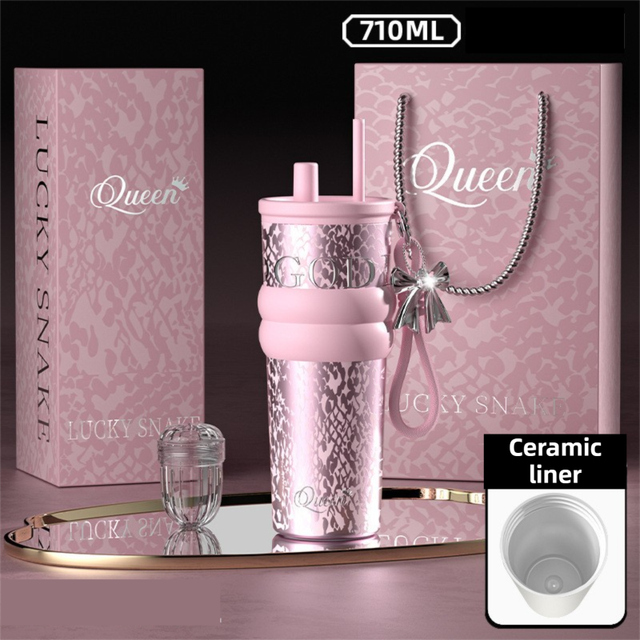 710ML Pink Luxury Gradient Textured Aurora Starry Night Insulated Travel Mug (Bow Pendant Gift Box) – Ceramic Liner Car Coffee Tumbler with Pop-Up Straw Dual Lid, Sinking Tea Infuser Ball and Cup Sleeve - Image 1