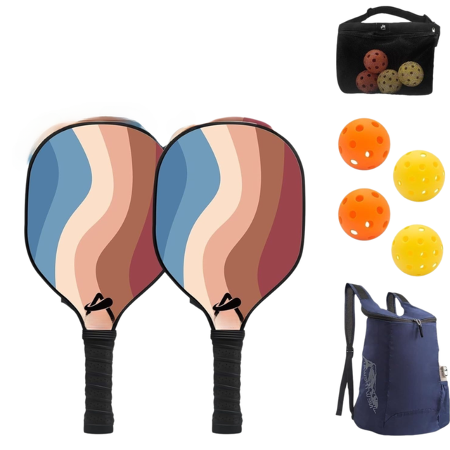 Lightweight 9-Ply Hard Basswood Pickleball Paddle Set with Curved Stripes Design - 2 Durable Paddles + 4 Balls + Ball Mesh Bag + Carrying Backpack for Indoor & Outdoor Play - Professional Size Construction, Breathable Non-Slip Grip - Image 1