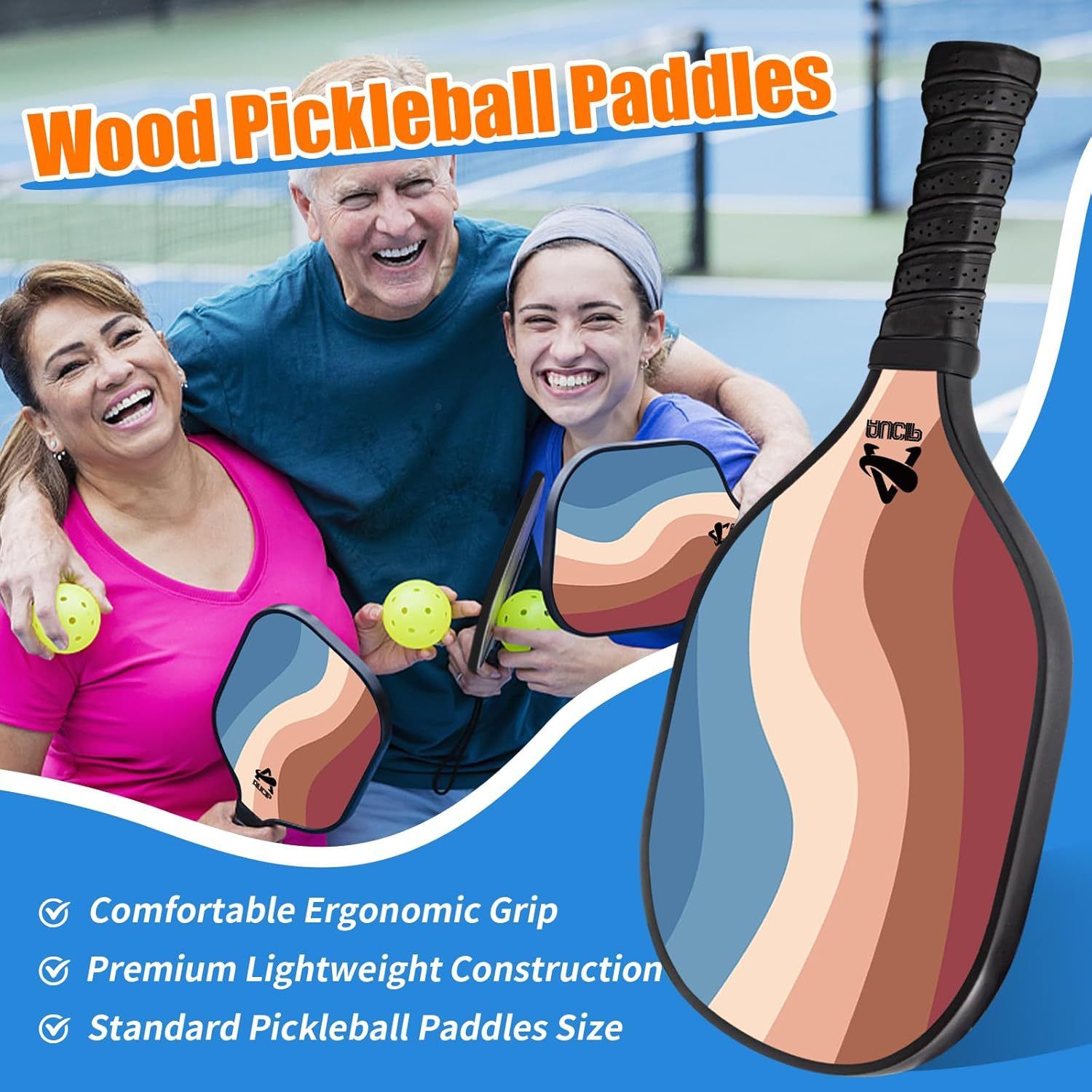 Lightweight 9-Ply Hard Basswood Pickleball Paddle Set with Curved Stripes Design - 2 Durable Paddles + 4 Balls + Ball Mesh Bag + Carrying Backpack for Indoor & Outdoor Play - Professional Size Construction, Breathable Non-Slip Grip - Image 7