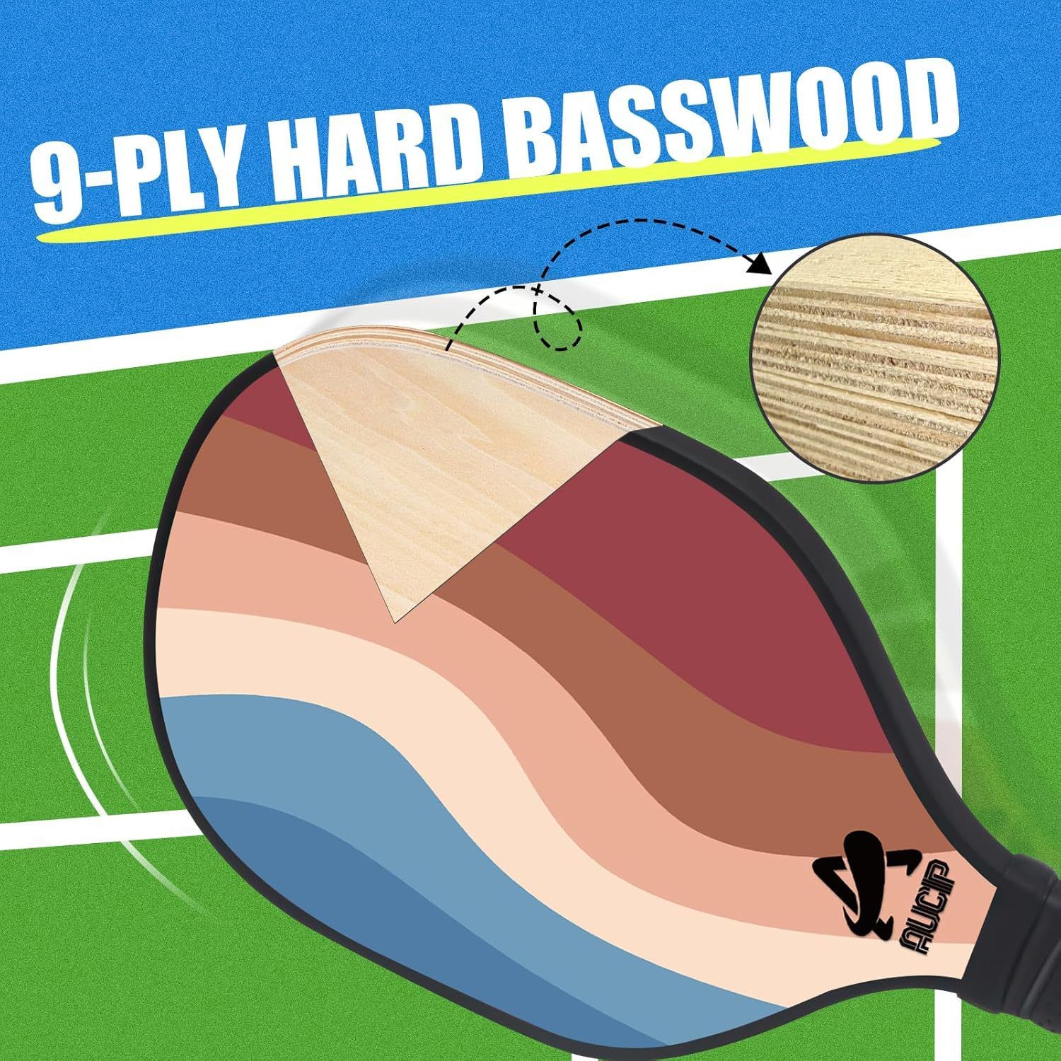 Lightweight 9-Ply Hard Basswood Pickleball Paddle with Curved Stripes Design for Indoor & Outdoor Play - Professional Size Construction, Breathable Non-Slip Grip - Image 3