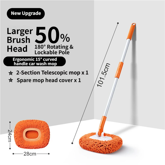 Orange 21° Curved Car Wash Mop and Snow Scraper with 180° Rotating Detachable Pole & 2 x Extra Large Microfiber Brush Cover – 2 Section Telescopic (58–101.5 CM) Aluminum Alloy Cleaning Brush for Vehicle and Home Care - Image 1