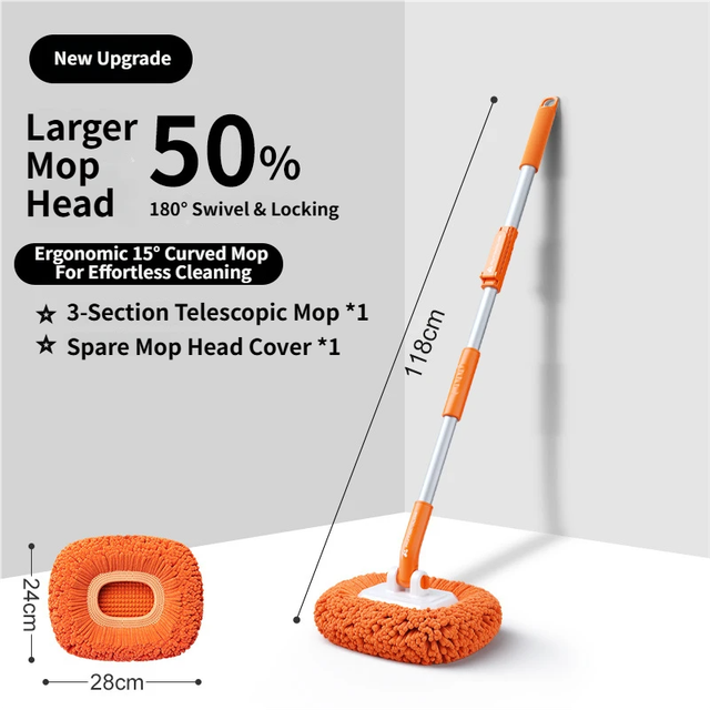 Orange 21° Curved Car Wash Mop and Snow Scraper with 180°Rotating Detachable Pole & 2 x Extra Large Microfiber Brush Cover – 3 Section Telescopic (58–118 CM) Aluminum Alloy Cleaning Brush for Vehicle and Home Care - Image 1